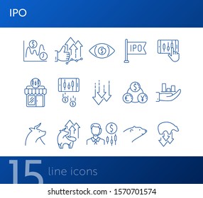 IPO icon set. Trade, money, currency. Wall street concept. Can be used for topics like commerce, stock market, profit