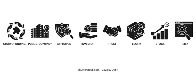 Ipo icon set vector illustration concept relate to initial public offering with icon of crowdfunding, public company, approved, investor, trust, equity, stock and risk