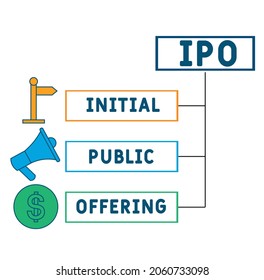 IPO - Acrónimo inicial de oferta pública. fondo de concepto de negocio. Ilustración vectorial para banner de sitio web, materiales de marketing, presentación comercial, publicidad en línea