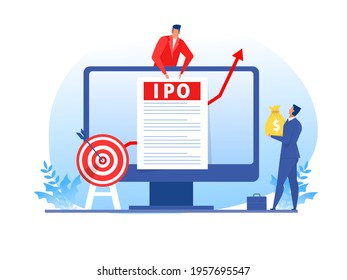 IPO, initial public offering. businessman offer  Investing on laptop Concept ,Flat vector illustration.