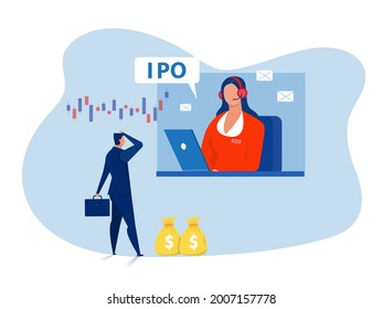 IPO, initial public offering. businessman offer  Investing on laptop Concept ,Flat vector illustration.