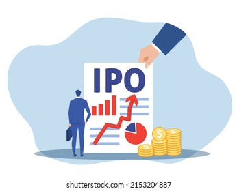IPO, initial public offering. businessman offer  Investing on laptop Concept ,Flat vector illustration.