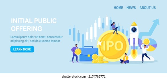 IPO Initial Public Offering. Businessman investor invest in stock market shares. Company growth. Passive income. Investment. Traders standing with huge candlestick chart, arrow graph and gold coin