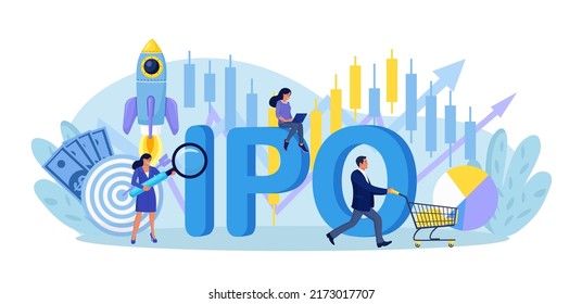 IPO erstes öffentliches Angebot. Unternehmen gehen am Aktienmarkt öffentlich. Investitionsmöglichkeiten, profitieren Sie von neuen Aktien. Business-man-Trader-Handel, investiert in Marktanteile. Geschäftswachstum Passive Einkommen