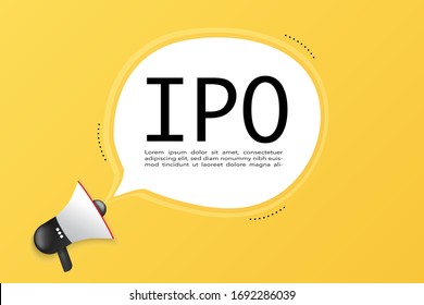 Concepto de oferta pública inicial en estilo plano con los iconos de inversión y estrategia de Speakerphone o Megaphone