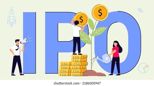 IPO Initial Public Offering concept Money investment for business Opportunity make profit Return on investment Financial solutions Trader trading IPO Receiving passive income Vector Illustration