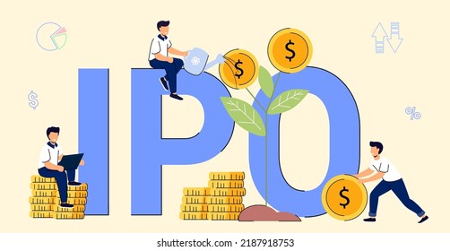 IPO Initial Public Offering concept Money investment for business Opportunity make profit Return on investment Financial solutions Trader trading IPO Receiving passive income Vector Illustration