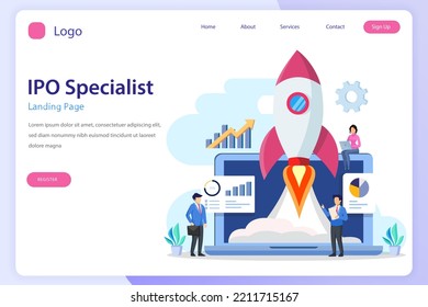 IPO Initial Public Offering Concept. IPO landing page website flat vector template
