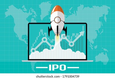 IPO or Initial Public Offering corporate stock market, company growth concept. Design by financial charts elements and rocket flying on laptop. Vector illustration of startup investment strategy style