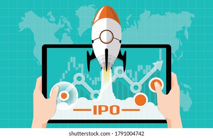 IPO or Initial Public Offering corporate stock market, company growth concept. Design by financial charts elements and rocket flying on gaming tablet. Vector of startup investment strategy style