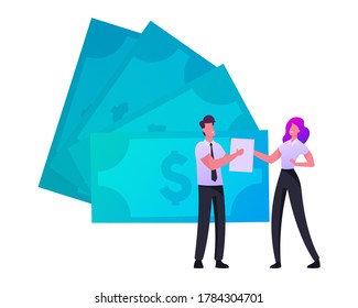 IPO Initial Public Offering, Finance Management Concept. Businessman Giving Document to Businesswoman. Tiny Male and Female Characters Stand at Huge Dollar Bills. Cartoon People Vector Illustration