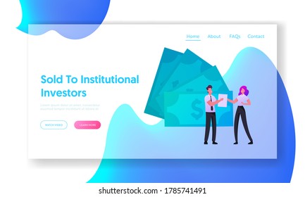 IPO Initial Public Offering, Finance Management Landing Page Template. Businessman Giving Document to Businesswoman. Tiny Characters Stand at Huge Dollar Bills. Cartoon People Vector Illustration
