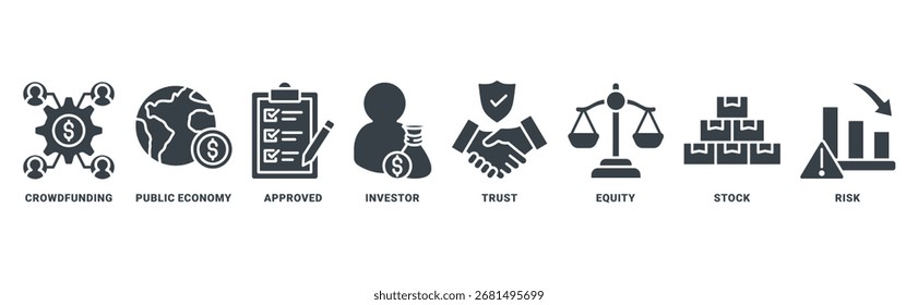 Concepto de Vector de conjunto de iconos de oferta pública inicial (oferta pública inicial) con icono de crowdfunding, empresa pública, aprobado, inversor, fideicomiso, capital, acciones, riesgo