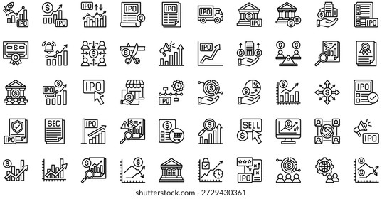 COLECCIÓN de iconos de IPO (Oferta Pública Inicial). Ilustración vectorial. Lanzamiento de OPI, Mercado de valores, Edificio de la Bolsa, Documento de OPI, Presentación de OPI, Folleto, Banco de inversión, Roadshow. Vector Pro