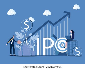 OPI, oferta pública inicial, oportunidad de inversión o beneficio del nuevo concepto de acciones. Rentabilidad de la inversión, soluciones financieras, ingresos pasivos. Ilustración vectorial.

