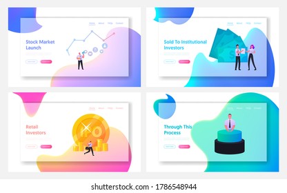 IPO Initial Public Offering Landing Page Template Set. Tiny Characters Businessmen, Businesswomen, Traders at Huge Arrow Graph and Golden Coins. Stock Market Shares. Cartoon People Vector Illustration