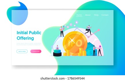 IPO Initial Public Offering Landing Page Template. Tiny Characters Businessmen, Businesswomen, Traders at Huge Arrow Graph and Golden Coins. Stock Market Shares. Cartoon People Vector Illustration