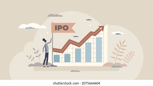 IPO as initial public offering and stock market shares tiny person concept. Increased company trade value and successful investment vector illustration. Economical profit progress in financial chart.