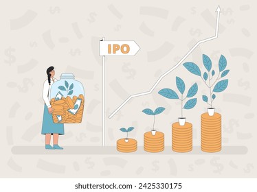 Oferta Pública Inicial de la OPV. Inversor de acciones. Las mujeres jóvenes quieren invertir dinero en una nueva empresa de crecimiento. Ilustración plana moderna del vector.