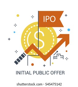 IPO (initial public offering) stock concept with arrow and flag in flat infographic style