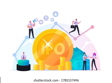 IPO Initial Public Offering. Tiny Male and Female Characters Businessmen, Businesswomen, Traders at Huge Growing Arrow Graph and Golden Coins. Stock Market Shares. Cartoon People Vector Illustration
