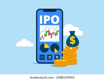 IPO. Invest stock market shares via smartphone app. Company growth. Investment. Initial public offering. Flat Vector illustration