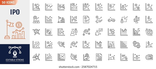 IPO line icon set. Editable stroke. Containing as stocks, trading, equity, stock market and more. Vector illustration