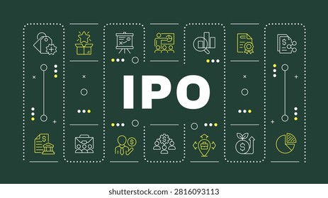 IPO pine green word concept. Initial public offering strategy. Raising company capital by opening to stock market. Horizontal vector image. Headline text surrounded by editable outline icons