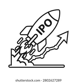 Ipo rocket launch illustration initial public offering growth concept with rising stock chart line art