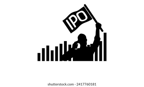 IPO sign , broker with ipo flag , black isolated silhouette