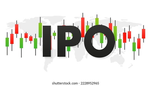 IPO sign on Forex candlestick chart background, IPO chart on world map background, Japanese candlesticks. Vector illustration