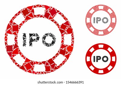 IPO token composition of tremulant pieces in variable sizes and shades, based on IPO token icon. Vector humpy pieces are composed into composition. IPO token icons collage with dotted pattern.
