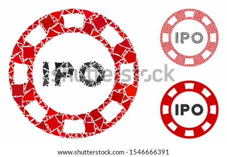 IPO token composition of tremulant pieces in variable sizes and shades, based on IPO token icon. Vector humpy pieces are composed into composition. IPO token icons collage with dotted pattern.