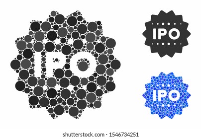 IPO token mosaic of small circles in different sizes and color tints, based on IPO token icon. Vector small circles are composed into blue collage. Dotted IPO token icon in usual and blue versions.