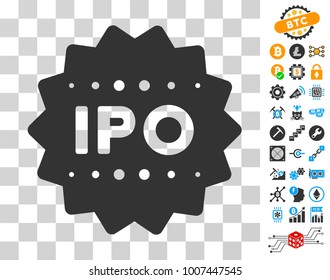 Ipo Token pictograph with bonus bitcoin mining and blockchain icons. Vector illustration style is flat iconic symbols. Designed for cryptocurrency software.