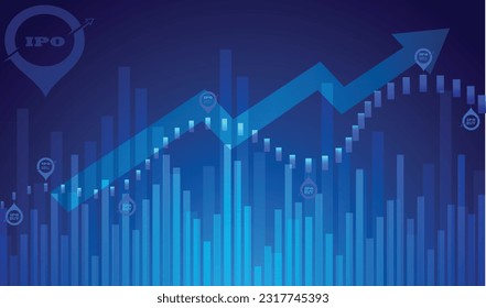 Das IPO-Bildschirmhintergrund zeigt den Aufwärtstrend des Aktienmarktes und der Kryptowährung, unterstützt durch das Symbol oder Symbol des Wachstumspfeilers. 