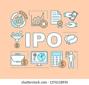 IPO word concepts banner. Initial public offering. Venture investing. Strategic management. Presentation, website. Isolated lettering typography idea with linear icons. Vector outline illustration