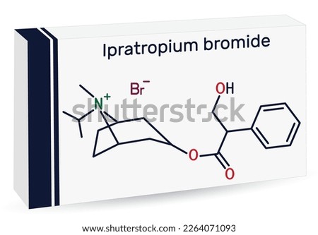 Ipratropium bromide molecule. It is bronchodilator, antispasmodic, anticholinergic drug. Skeletal chemical formula. Paper packaging for drugs. Vector illustration