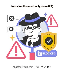 IPS, sistema de prevención de intrusiones. Herramienta de seguridad de red que monitorea una red para actividades malintencionadas. Informes del sistema web y bloqueo de amenazas de malware. Ilustración vectorial plana