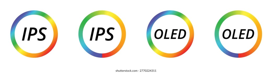 Ips and oled display symbols with colorful circular frames.