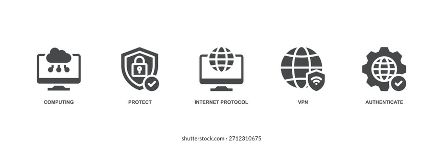 La ilustración del icono de concepto IPsec contiene informática, protección, protocolo de Internet, VPN y autenticación.