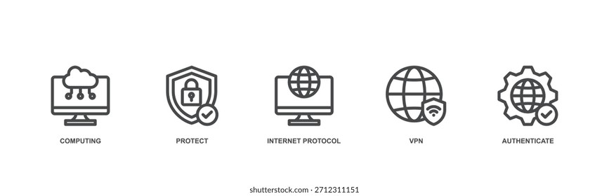A ilustração do ícone de conceito IPsec contém computação, proteção, protocolo de Internet, vpn e autenticação.