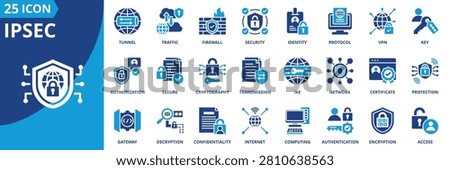 ipsec icon set collection in solid glyph dual color style. pack contain security, encryption, authentication, authorization, tunnel, vpn, protocol, internet, cryptography, network icon