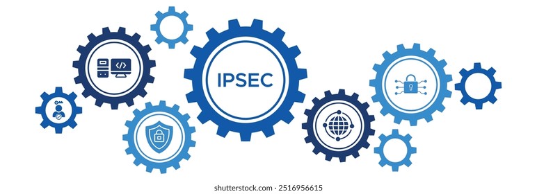 IPsec Network Security Banner Vector Concept with Icons for Internet Protection, Cloud Computing, VPNs, and Authentication Protocols