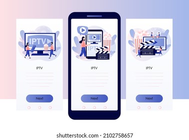 IPTV concept. Tiny people watch digital media TV stream. Internet protocol television. Smart multimedia technology. Screen template for mobile, smartphone app. Modern flat cartoon style. Vector 