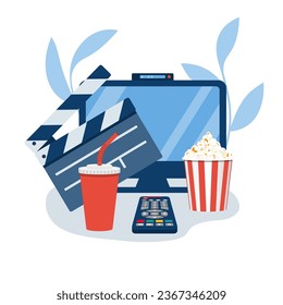 concepto IPTV. Vea la transmisión de TV de medios digitales con palomitas de maíz y soda. Tecnología multimedia inteligente. Diseño plano de ilustración vectorial. Aislado sobre fondo blanco.