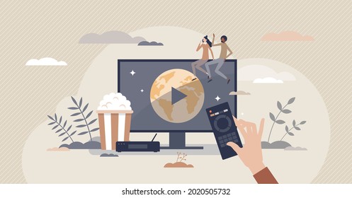 IPTV as internet television and home entertainment system tiny person concept. Digital media TV stream vector illustration. Smart multimedia technology and broadcast channel with good quality signal.