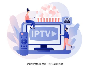 IPTV online in laptop. Tiny people watch digital media TV stream. Internet protocol television. Smart multimedia technology. Modern flat cartoon style. Vector illustration on white background