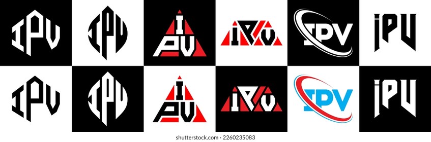 IPV letter logo design in six style. IPV polygon, circle, triangle, hexagon, flat and simple style with black and white color variation letter logo set in one artboard. IPV minimalist and classic logo