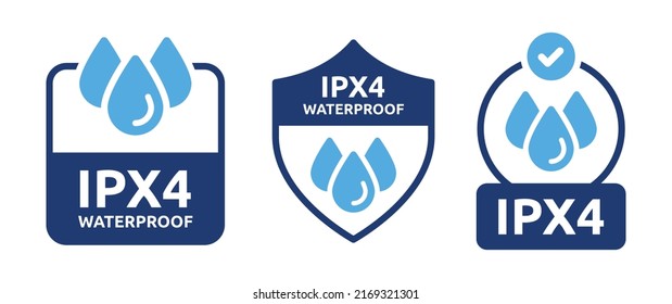 Ipx4 waterproof vector symbol illustration set. Water-resistant with water drop icon. Rainproof badge label sign.